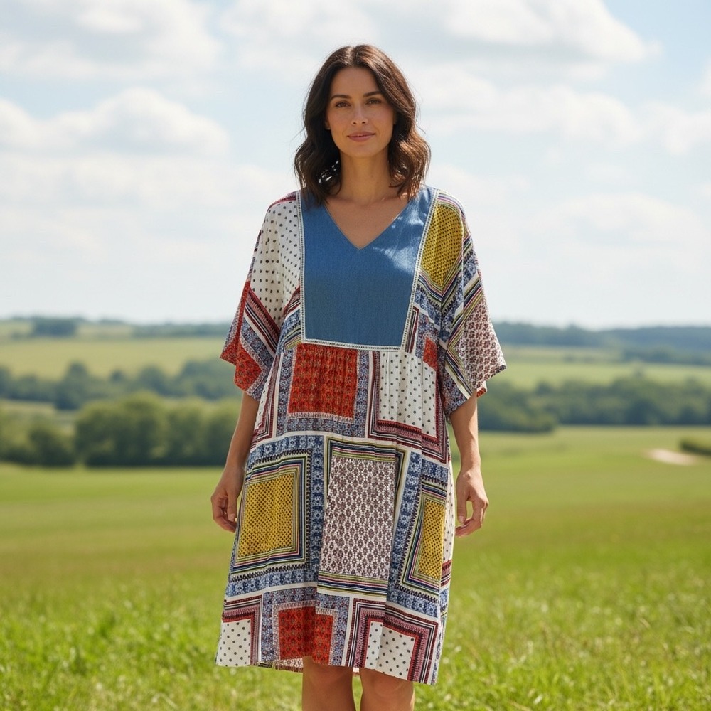 The Vermont Country Store Women's Patchwork Dress Size M Boho Pockets Prairie‎